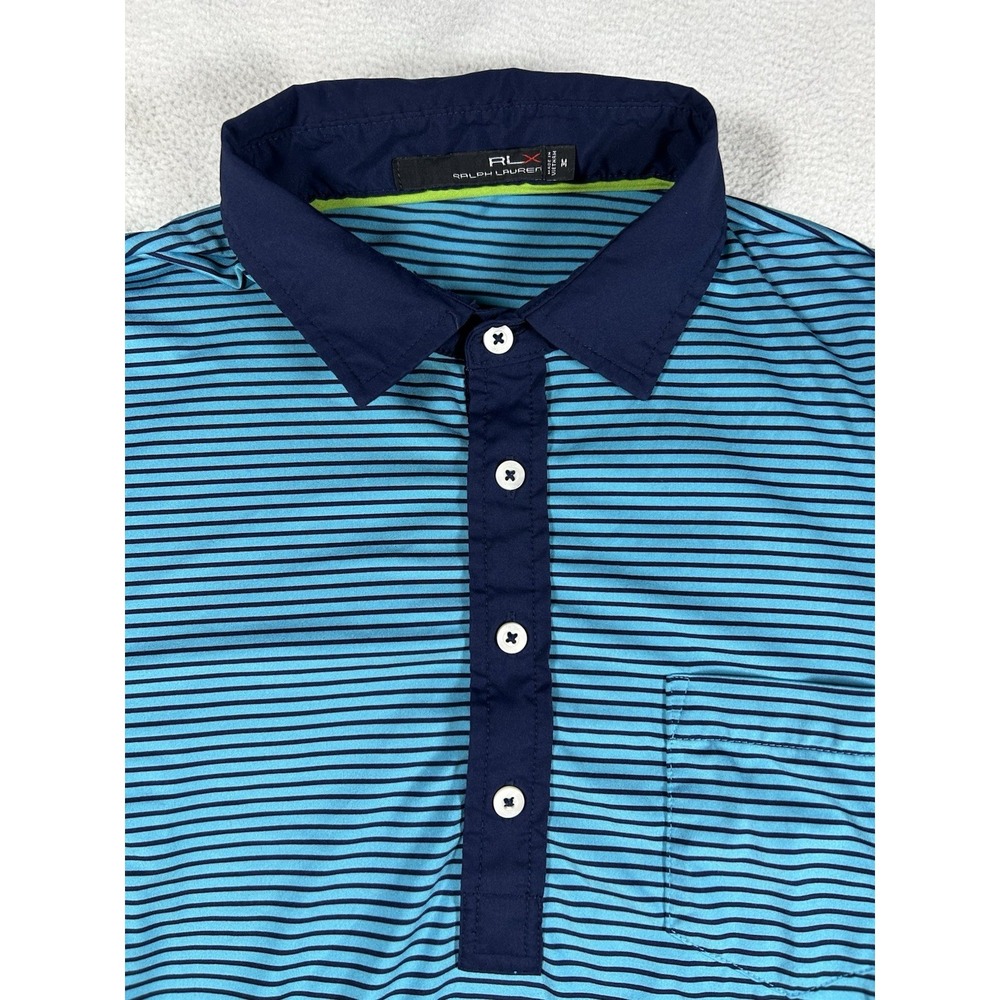 RLX Ralph Lauren Polo Shirt Mens Medium Blue Black Stripe Golf Wicking Stretch